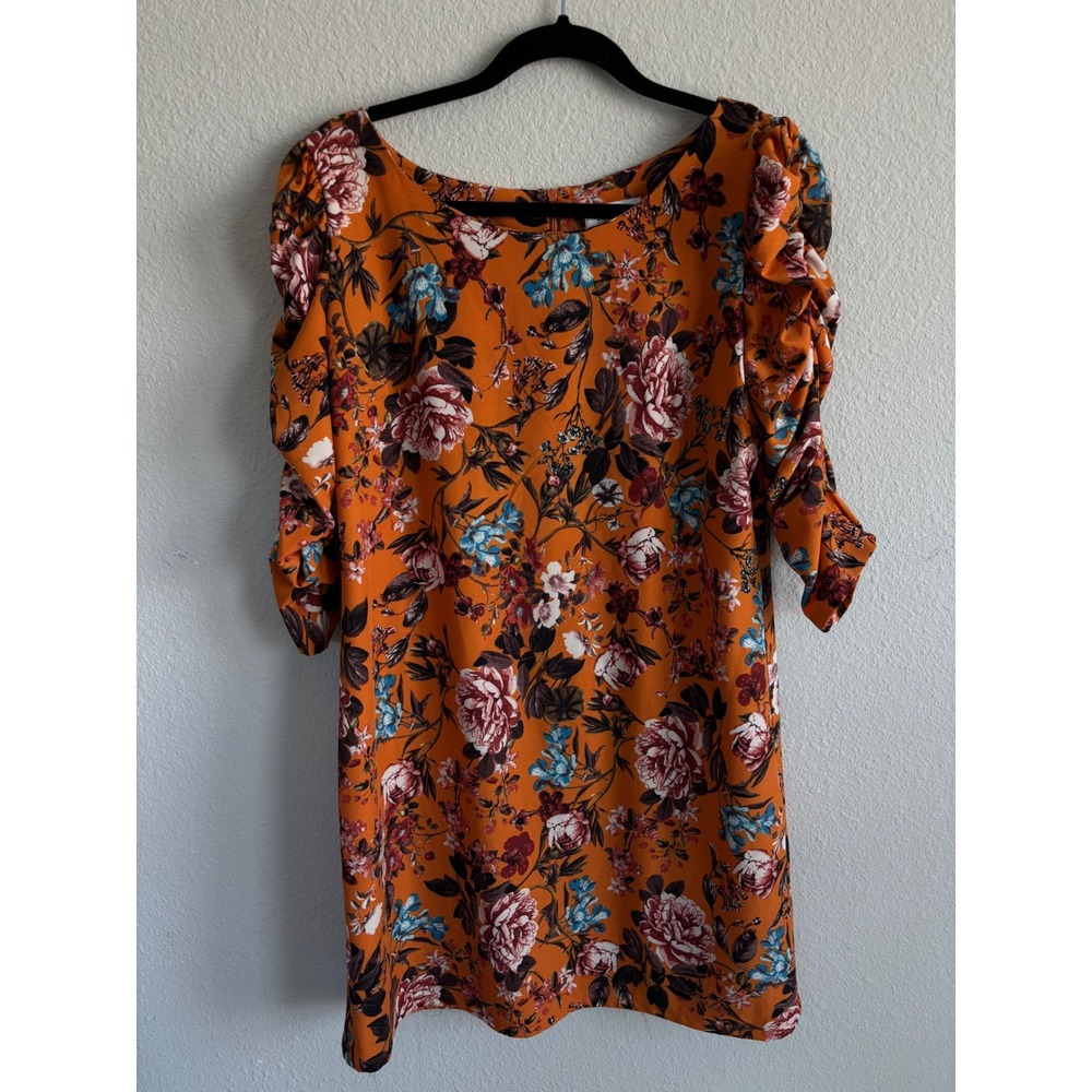 Laundry by Shelli Segal Dress 12 Orange Floral Ruched Puff Sleeve Shift Boho